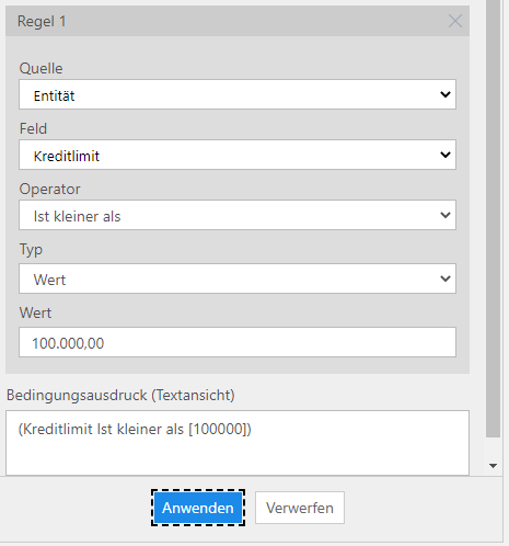 Screenshot der Regelkonfiguration für die Bedingung.