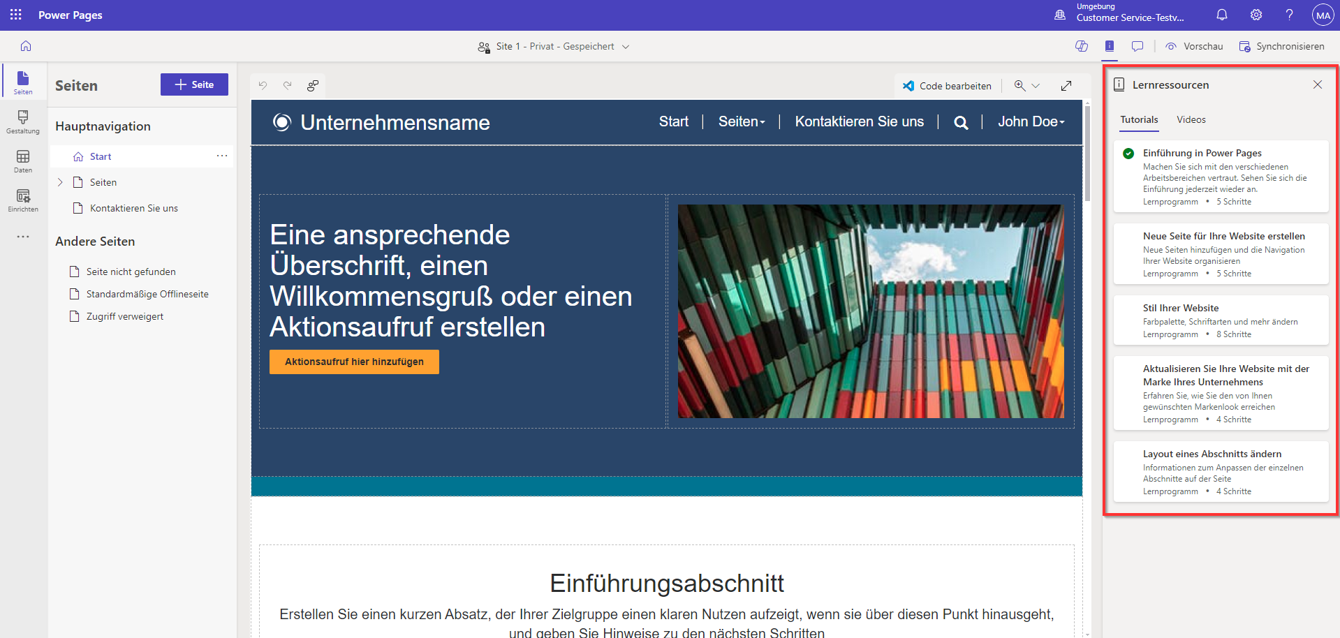 Screenshot eines Designerlebnisses mit dem Lernhub.