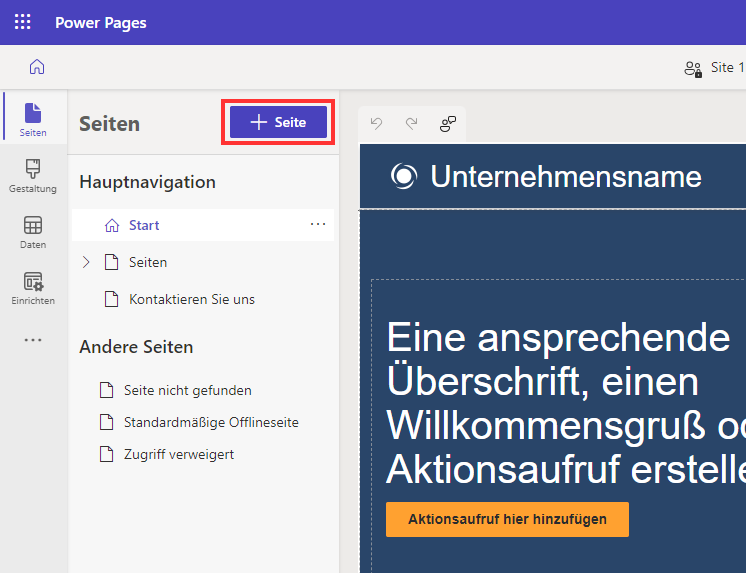 Screenshot der Schaltfläche, mit der der Benutzer eine neue Seite im Designstudio hinzufügen kann