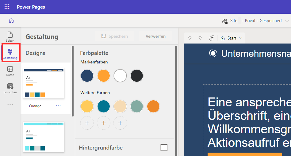 Screenshot des Arbeitsbereichs Gestaltung, in dem Benutzer Themen und Farbpaletten festlegen können