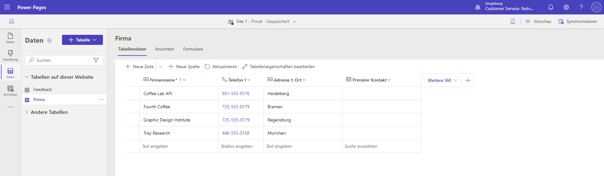 Screenshot des Tabellendesigners des Datenarbeitsbereichs, mit der Benutzer zu ihrer Seite Daten hinzufügen können