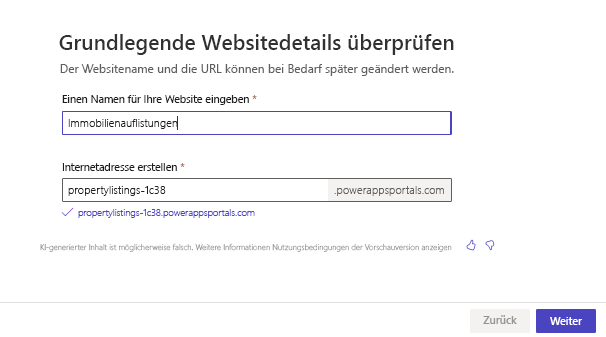 Screenshot, der den generierten Website-Namen und die URL zeigt, die Copilot während des Designprozesses bereitgestellt hat.