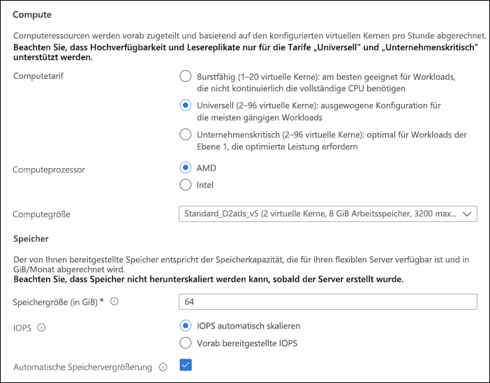 Screenshot: Abschnitte für Compute und Speicher auf der Seite „Compute + Speicher“ für die Bereitstellung eines flexiblen Servers im Azure-Portal