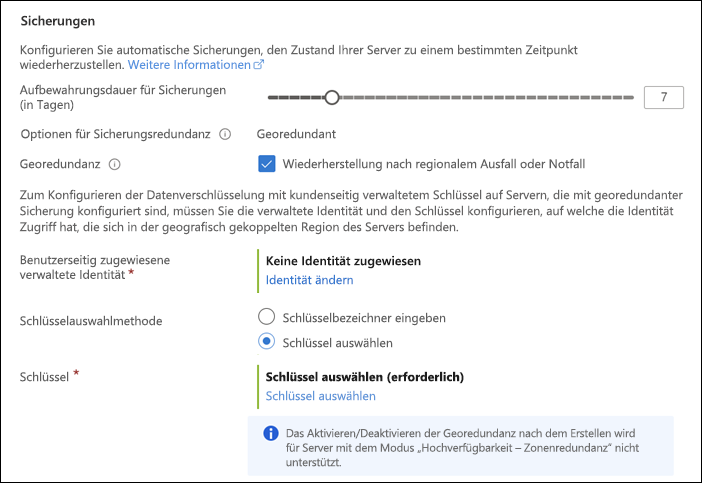 Screenshot: Abschnitte für Hochverfügbarkeit und Sicherungen auf der Seite „Compute + Speicher“ für die Bereitstellung eines flexiblen Servers im Azure-Portal