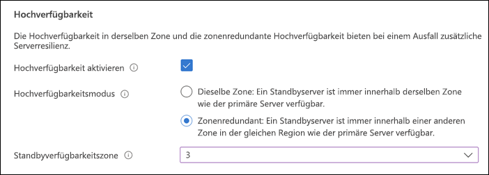 Screenshot: Abschnitt zur Hochverfügbarkeit der Seite „Grundlagen“ für die Bereitstellung eines flexiblen Servers im Azure-Portal