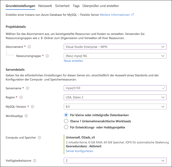 Screenshot: Abschnitt mit Projekt- und Serverdetails der Seite „Grundlagen“ für die Bereitstellung eines flexiblen Servers im Azure-Portal