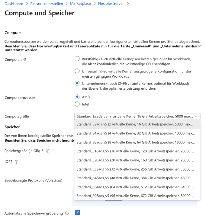 Screenshot: Abschnitt „Rechnen“ der Seite „Compute + Speicher“, in dem die Optionen für Computegrößen der Dienstebene „Arbeitsspeicheroptimiert“ angezeigt werden