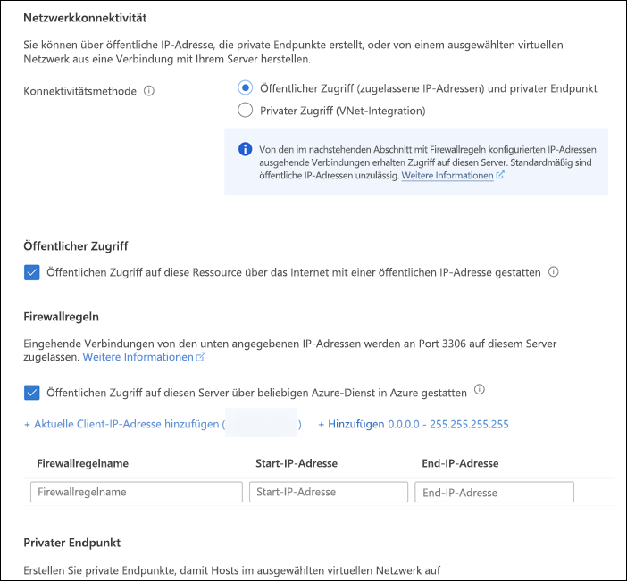 Screenshot: Registerkarte „Azure-Netzwerk“ mit den Netzwerkeinstellungen für einen neuen Azure Database for MySQL-Server