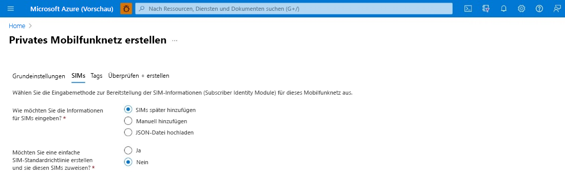 Dieser Bildschirm zeigt die Konfigurationsregisterkarte „SIM“.