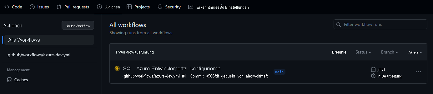 Screenshot eines ausgeführten GitHub Actions-Workflows