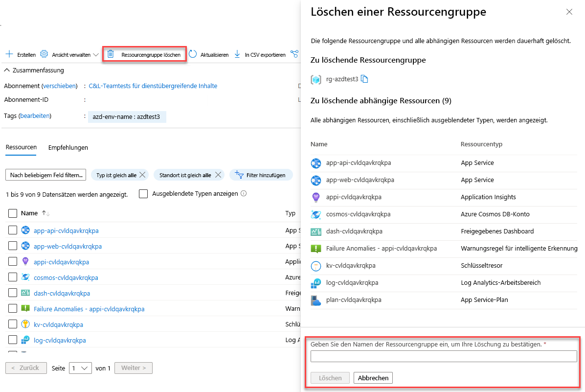 Screenshot: Löschen einer Ressourcengruppe