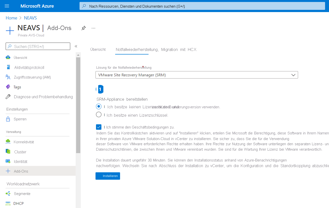 Screenshot of the Disaster recovery tab in Azure VMware Solution.