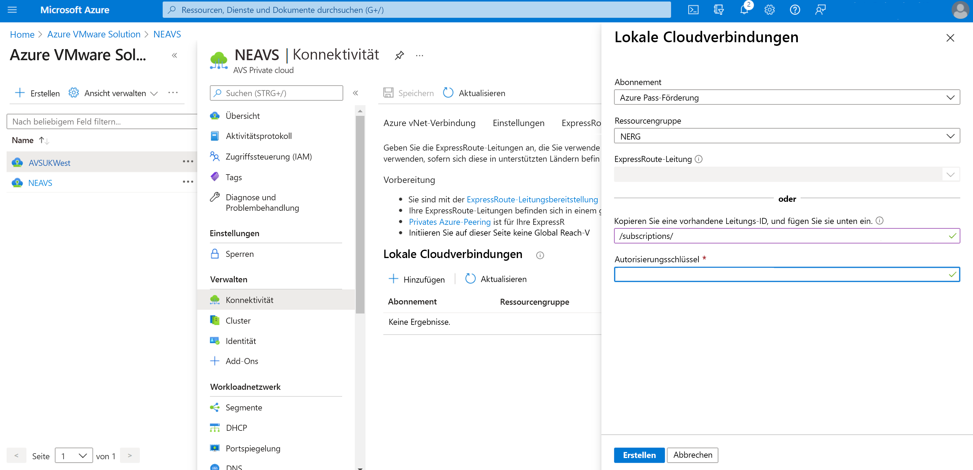 Screenshot of the On-prem cloud connections window in Azure VMware Solution.