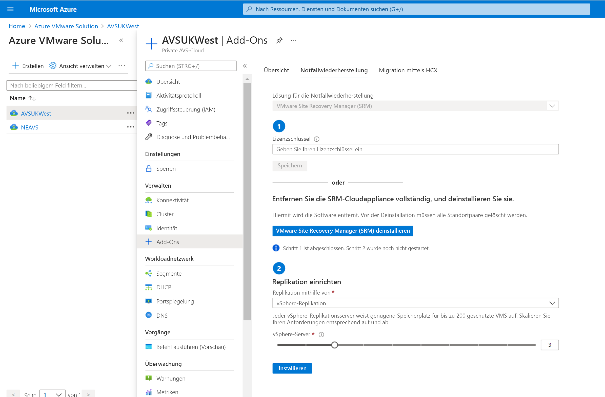 Screenshot of the Disaster recovery tab in Azure VMware Solution. The vSphere Replication option is selected under Setup replication.