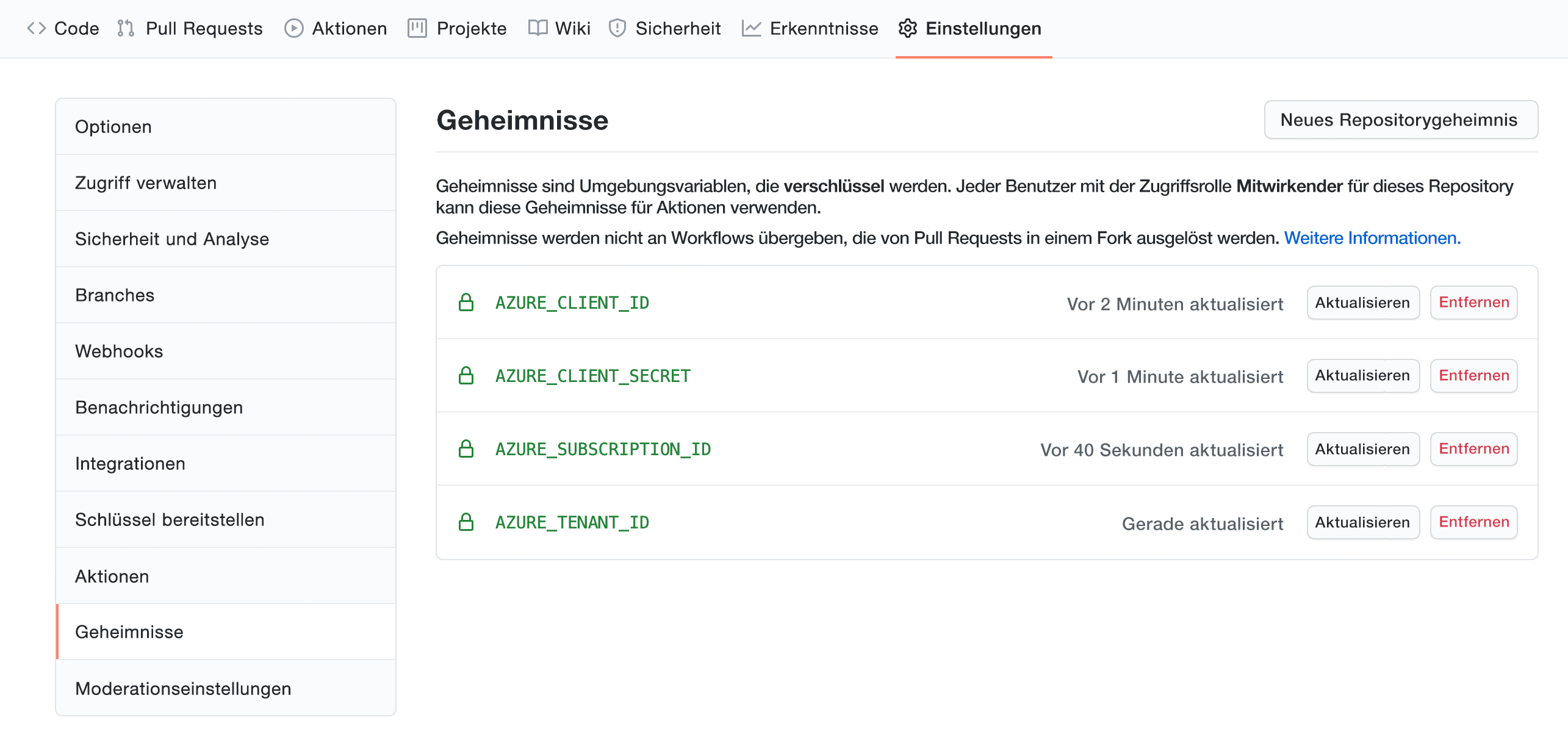 Screenshot der gespeicherten Geheimnisse im Bereich „Geheimnisse“ in den GitHub-Einstellungen.