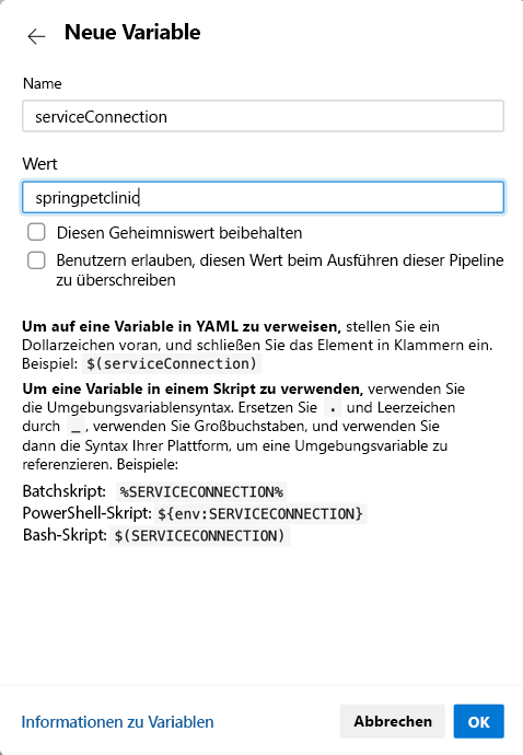 Screenshot, der die neue Dienstprinzipalvariable zeigt.