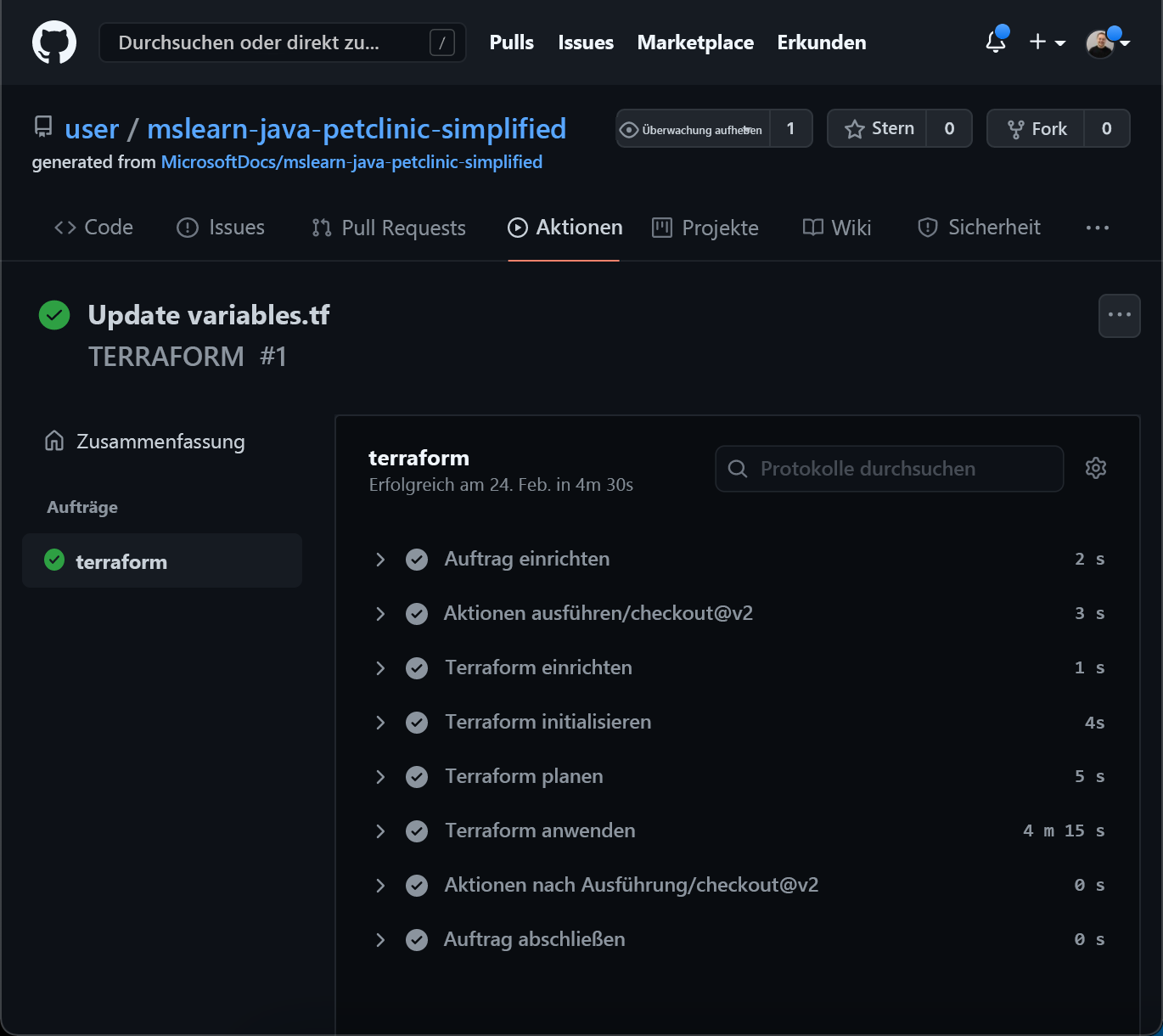 Screenshot der Ergebnisse der Ausführung des Terraform-Workflows.
