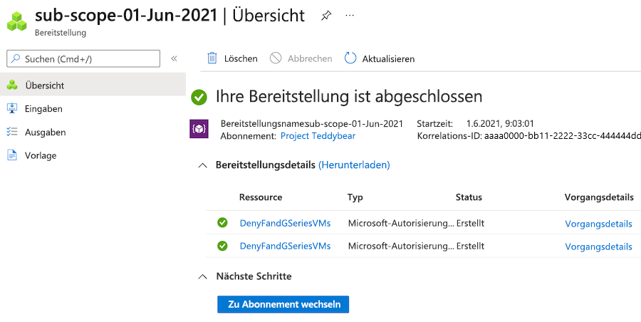 Screenshot: Übersichtsbereich des Azure-Portals für die ausgewählte Bereitstellung.