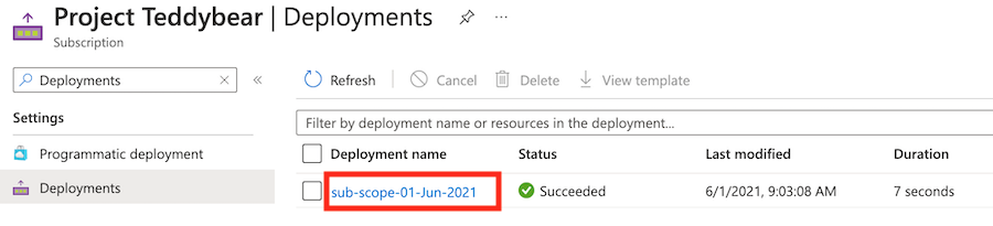 Screenshot der Azure-Portalschnittstelle mit der Liste der Bereitstellungen.