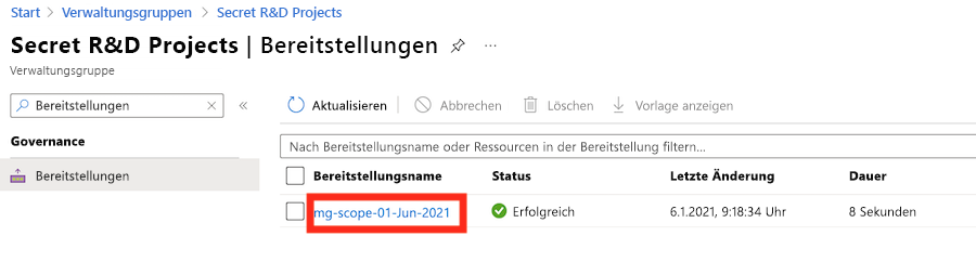 Screenshot of the Azure portal Deployments pane, highlighting the 'mg-scope-*' deployment in the list of deployments.