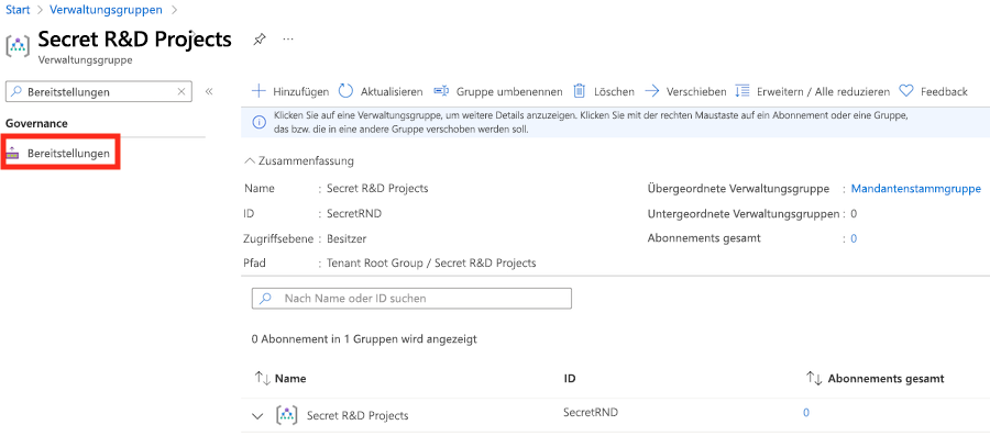 Screenshot of the Azure portal interface, showing the management group details.