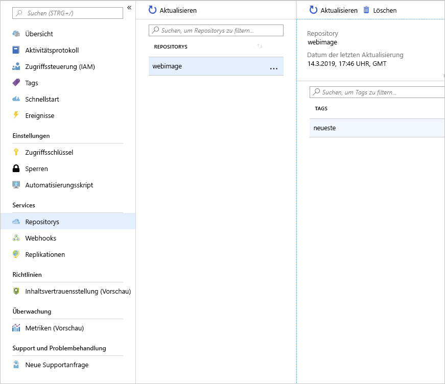 Screenshot mit in Azure Container Registry hochgeladenen Repositorys und Images