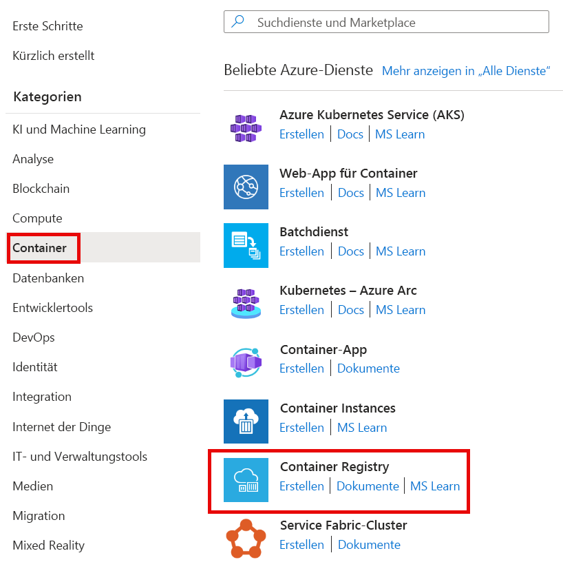 Screenshot des Bereichs „Neu“ im Azure-Portal mit den verfügbaren Optionen für Container im Azure Marketplace