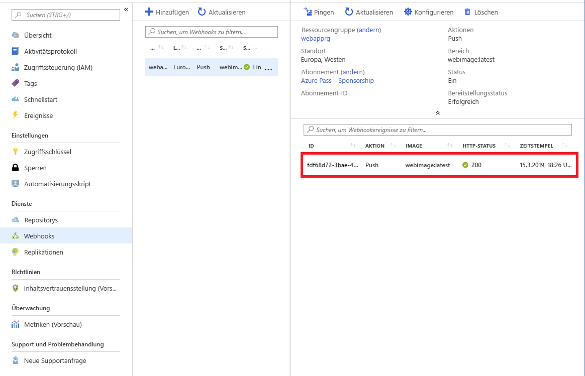 Screenshot des Webhooks mit Pushereignis