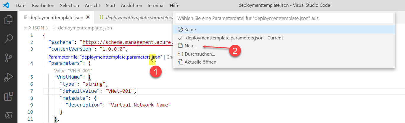 Screenshot: Auswahl zum Erstellen einer Parameterdatei in Visual Studio Code