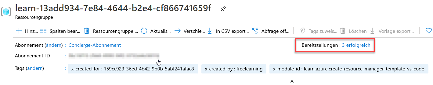 Azure-Portalschnittstelle für die Bereitstellungen mit einer aufgelisteten Bereitstellung und dem Status „Erfolgreich“.