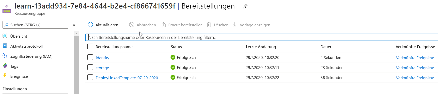 Azure-Portalschnittstelle für die spezifische Bereitstellung ohne aufgelistete Ressourcen.