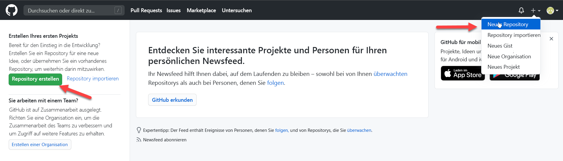 Screenshot: Auswahl zum Erstellen eines GitHub-Repositorys