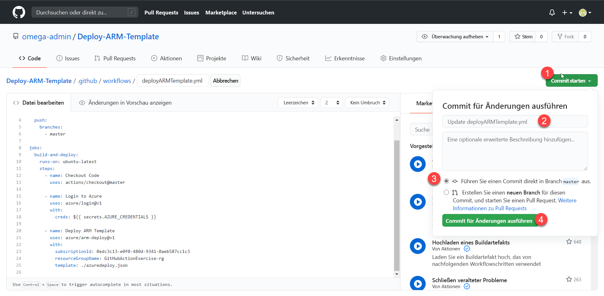 Screenshot: Committen eines Workflows an den  Masterbranch.