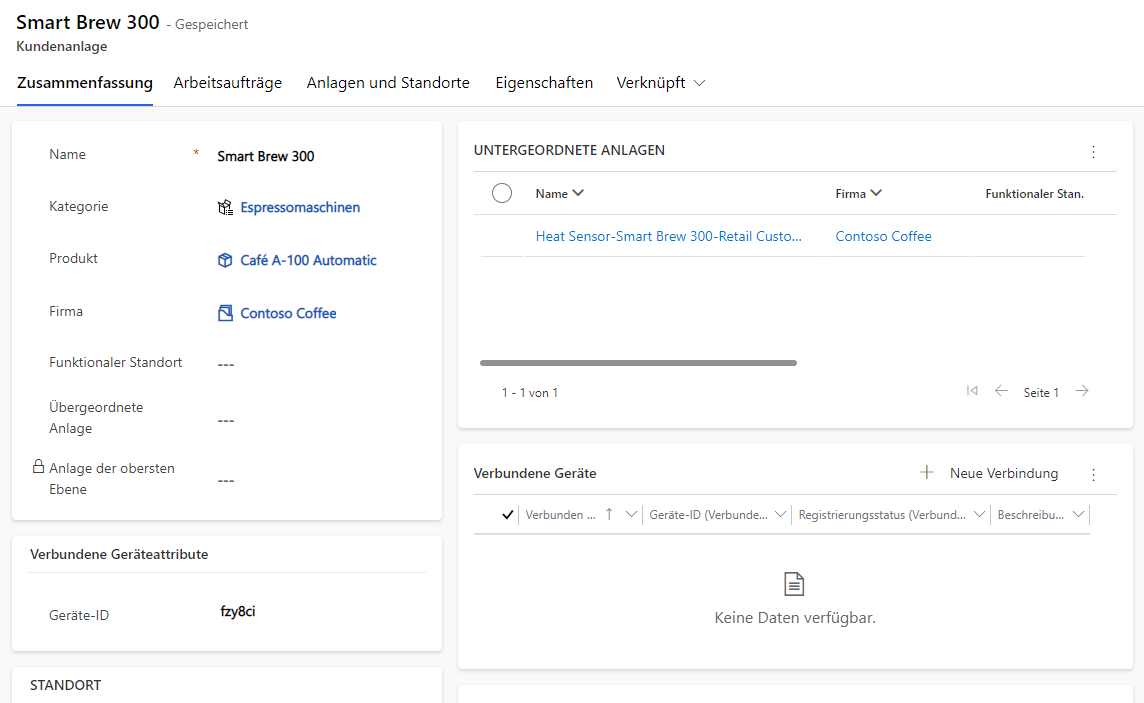 Screenshot einer beispielhaften Kundenanlage, die in Dynamics 365 Field Service eingegeben wurde.