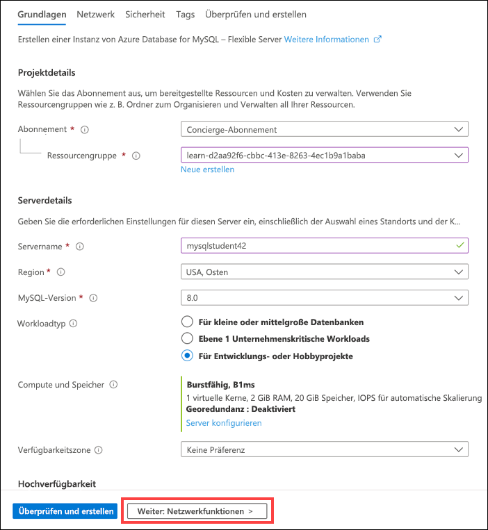 Screenshot: Blatt zum Erstellen eines flexiblen Servers mit rot umrandeter Registerkarte „Netzwerk“