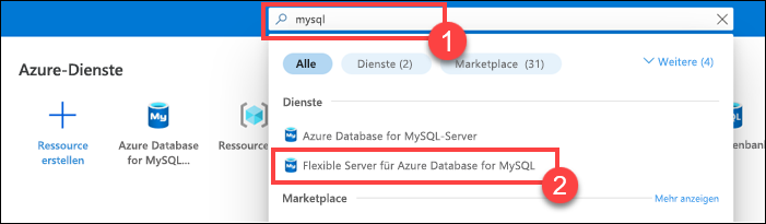 Screenshot der Suchleiste am oberen Rand des Portals mit Ergebnissen aus der Suche nach MySQL.