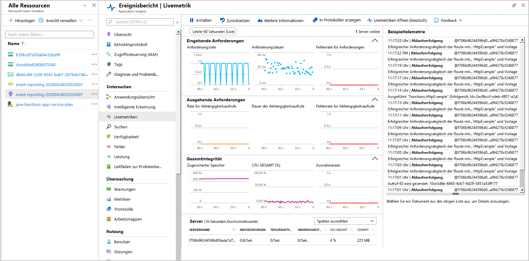 Image showing Application Insights and Live Metrics highlights.