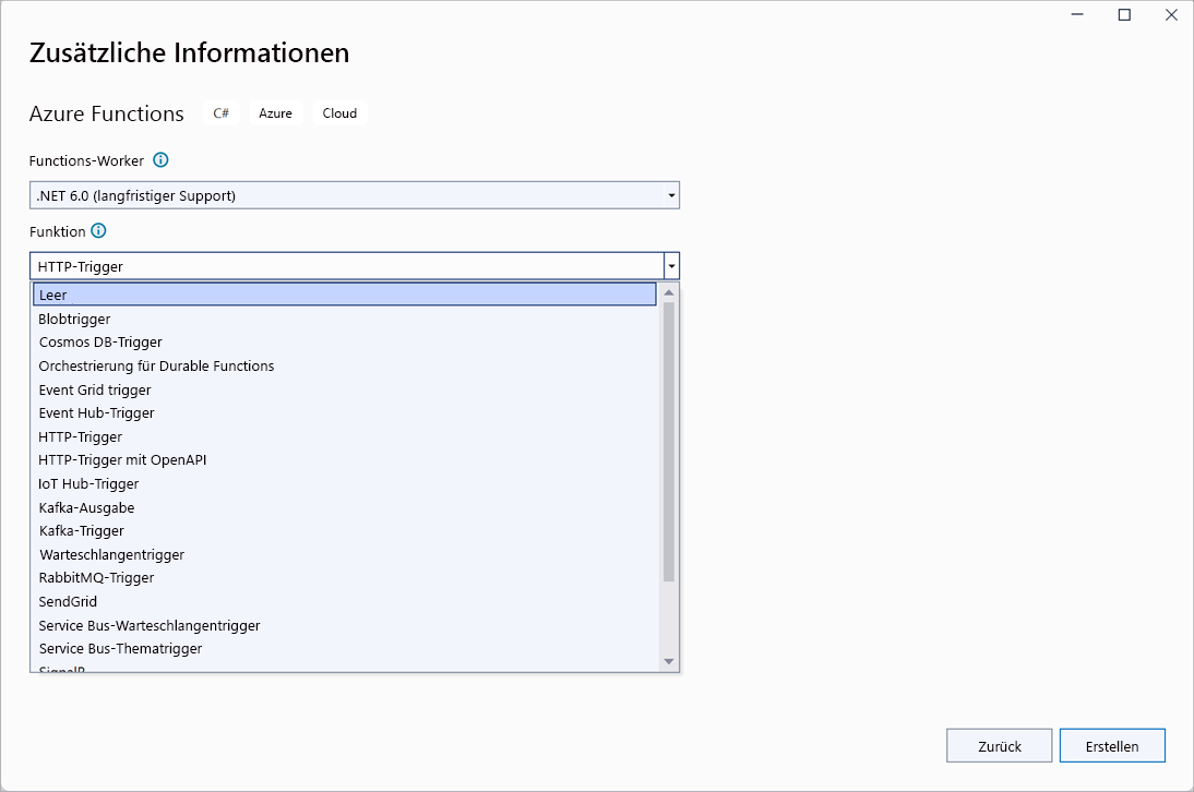 Screenshot: Verfügbare Azure Functions-Trigger mit hervorgehobenem HTTP-Trigger