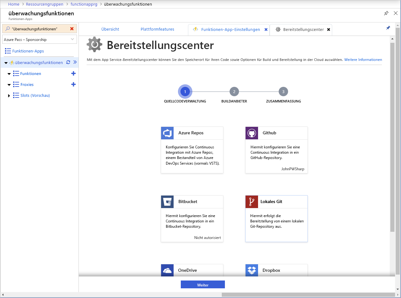 Screenshot: Seite „Bereitstellungscenter“ in einer Azure Functions-App