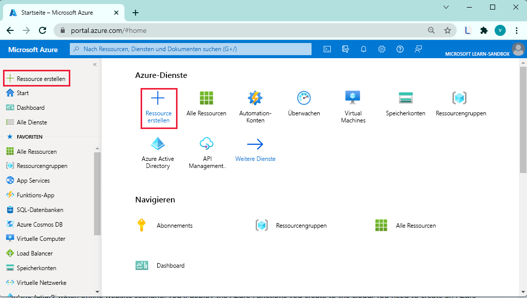 Screenshot: Menü des Azure-Portals und Option „Ressource erstellen“