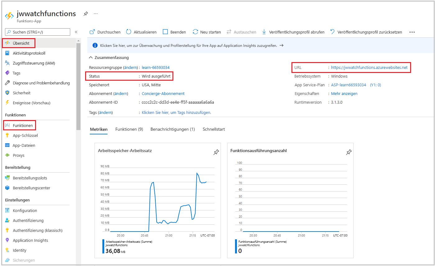 Screenshot des Bereichs „Funktions-App“ im Azure-Portal mit den Funktionen „Function1“ und „WatchInfo“