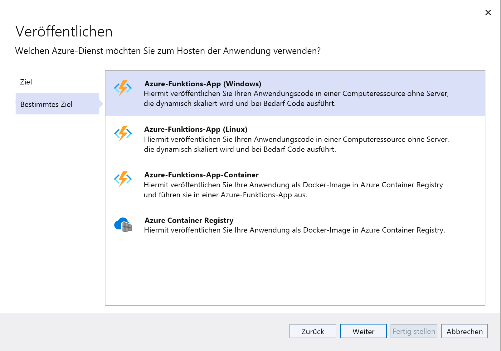 Screenshot: Das Fenster zum Veröffentlichen eines bestimmten Ziels, in dem die Option Azure-Funktions-App (Windows) hervorgehoben ist