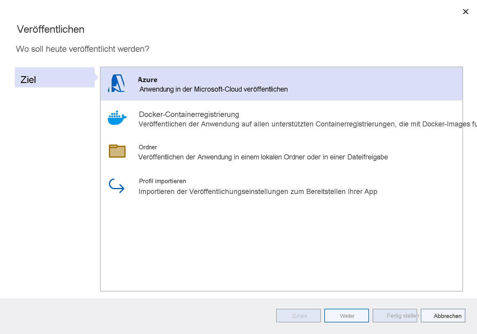 Screenshot: Das Fenster Veröffentlichen im Abschnitt Ziel mit der hervorgehobenen Option Azure