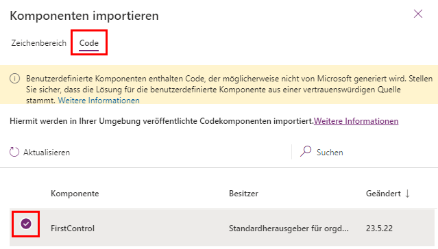 Screenshot mit Darstellung des Imports Ihrer gerade erstellten Komponente