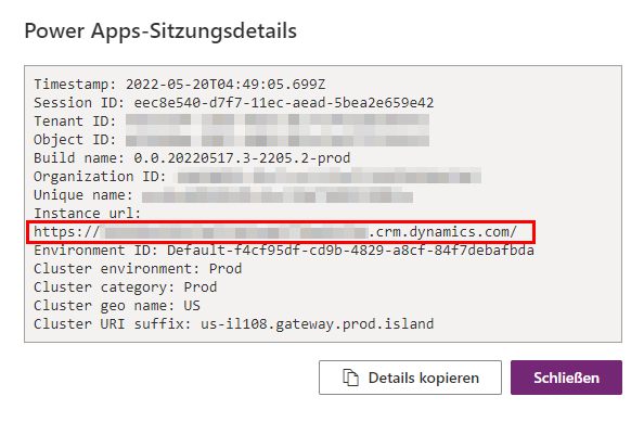 Screenshot mit Sitzungsdetails und dem Ort, an dem sich der Wert für die Instanz-URL befindet