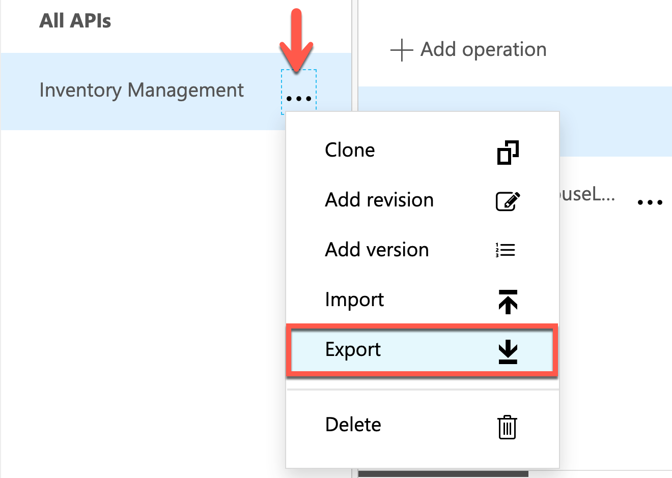 API-Exportmenü auf API Management