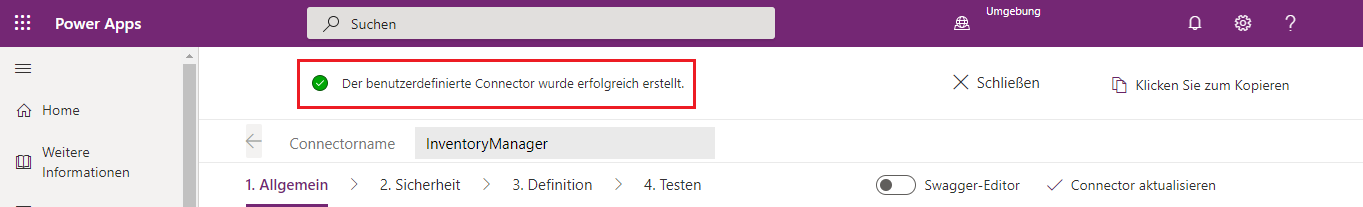 Benutzerdefinierter Konnektor, Schaltfläche Allgemein, Konnektor erstellt