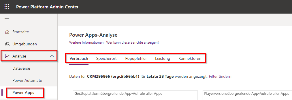Screenshot des Power Apps-Analyse-Dashboards, wobei Analyse und Power Apps im Menü auf der linken Seite und die Berichtregisterkarten im Dashboard hervorgehoben sind.
