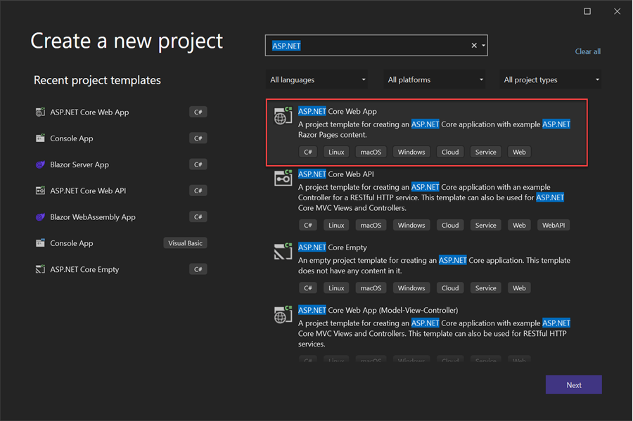 Screenshot: Dialogfeld „Neues Projekt“ in Visual Studio