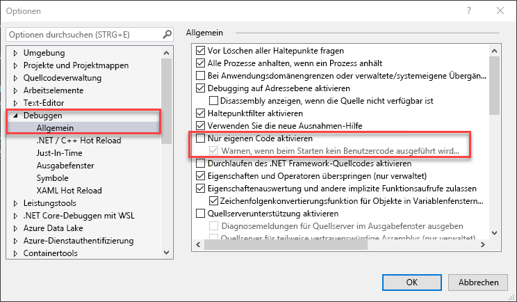 Screenshot der Debugeinstellungen in Visual Studio